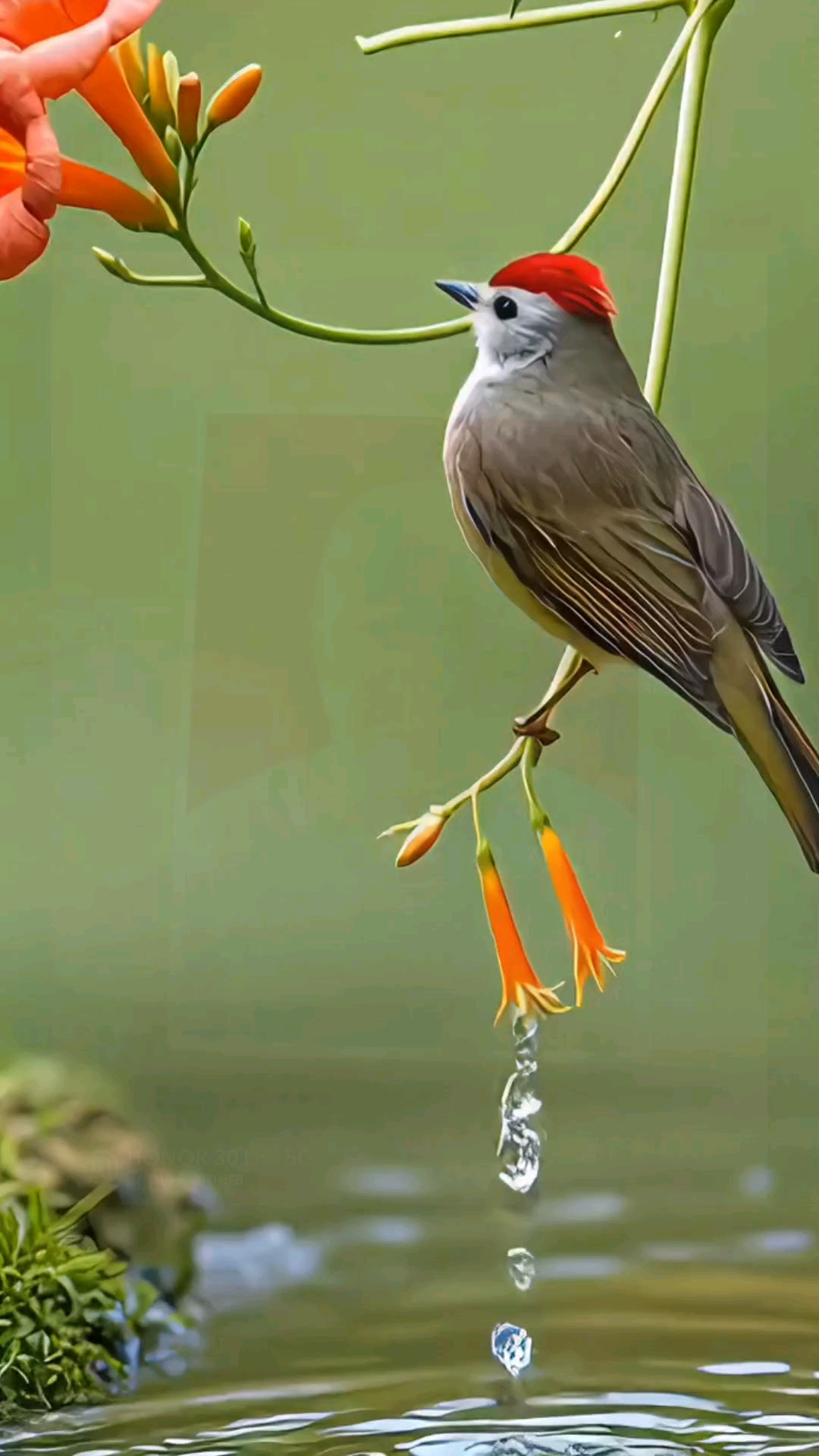 枝头红冠小鸟静立,橙花垂露落湖,绘就一隅自然诗意