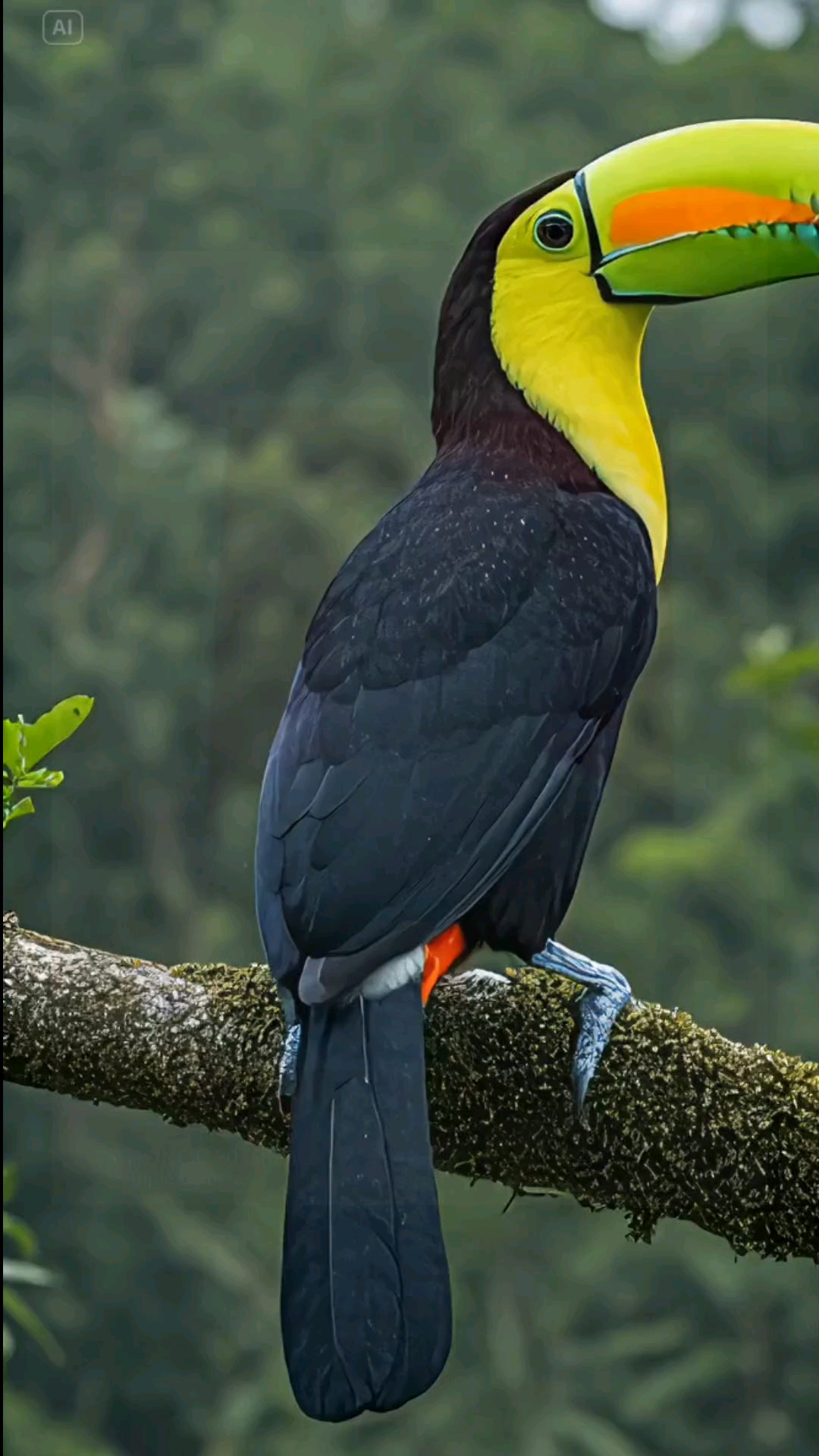 巨嘴鸟俏立枝头,斑斓巨喙吸睛,黑羽黄颈相映,展自然灵动之美