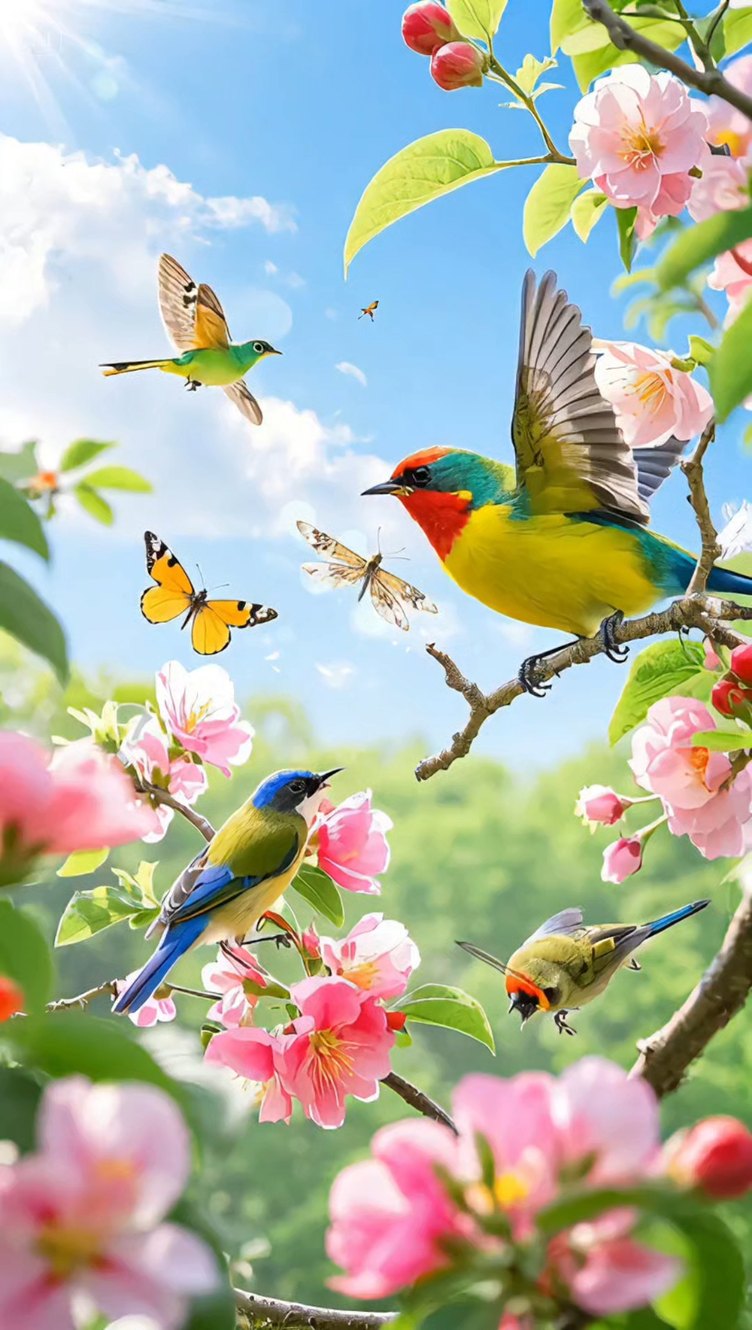 鸟语花香蜂飞蝶舞的美景