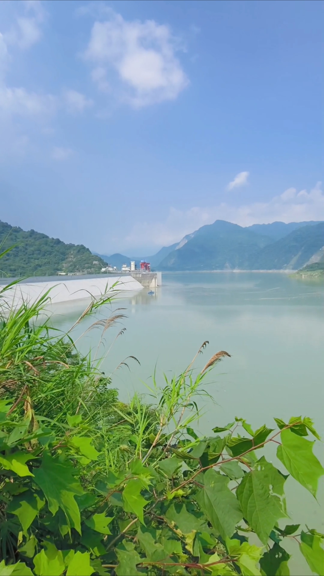 都江堰市紫坪铺水库,宁静水面,湖光山色映衬,一幅美丽的画卷