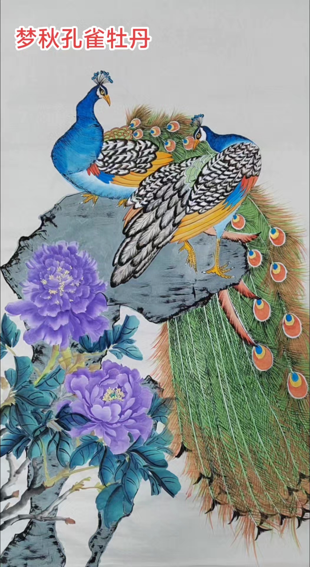 国画小写意孔雀牡丹