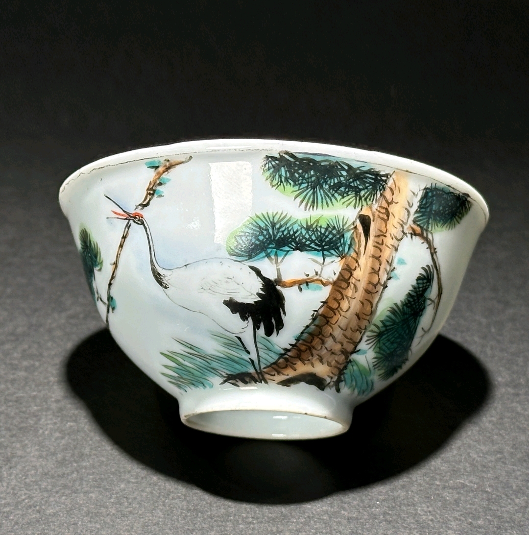 民国粉彩鹤鹿同春碗