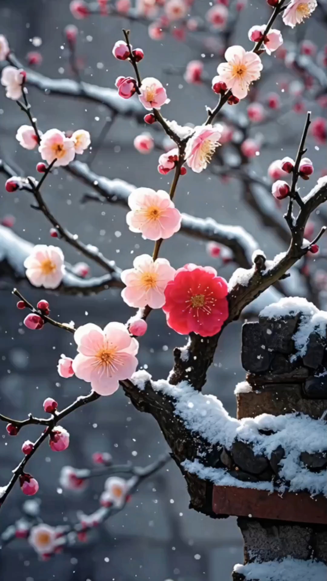 梅花点点映寒枝,含情脉脉醉白头.飘雪纷纷掩幽径,不见心中愁绪