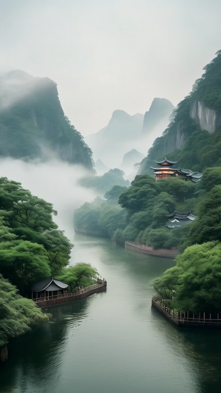 江南烟雨,云雾缭绕,人间仙境