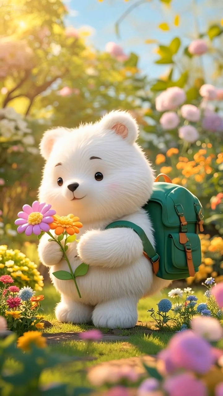 小白熊拿着花朵唱歌