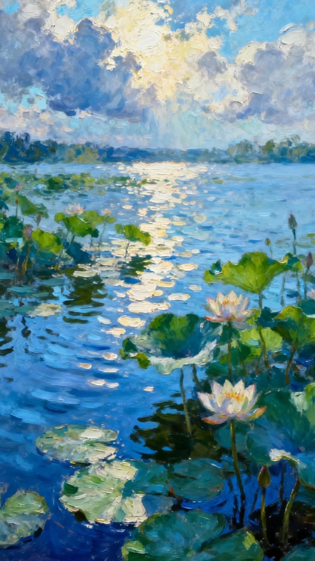 晨曦中的睡莲,油画风景