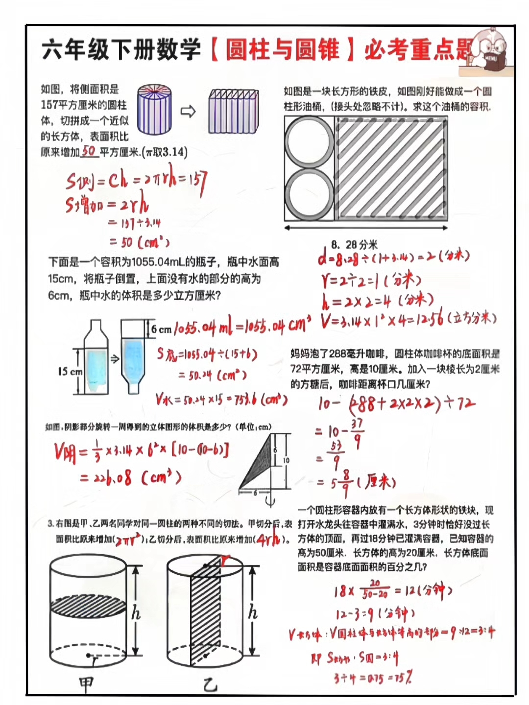 六年级数学重点！圆柱圆锥表面积与体积，解析的简单介绍