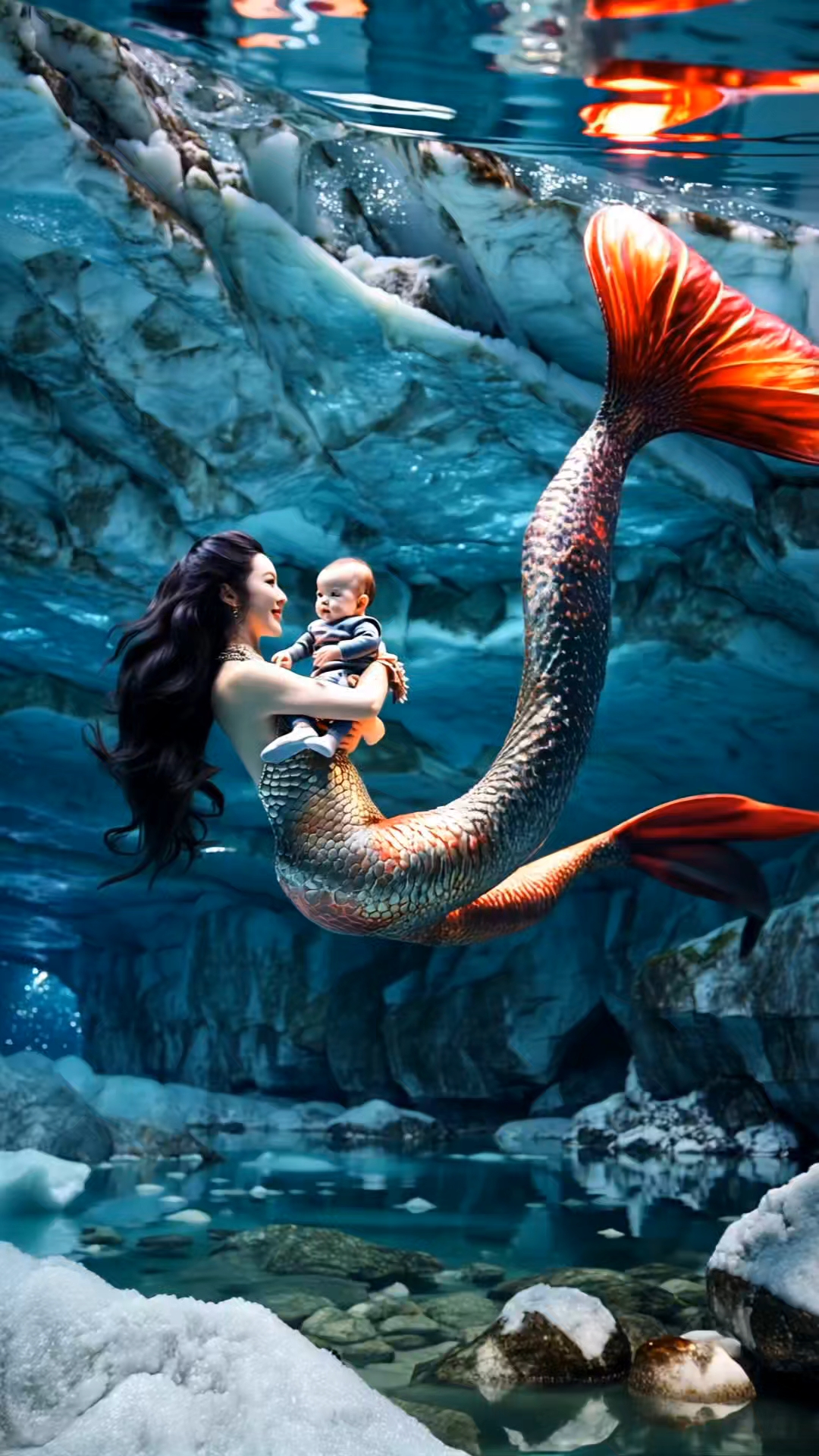 美人鱼妈妈抱着宝宝