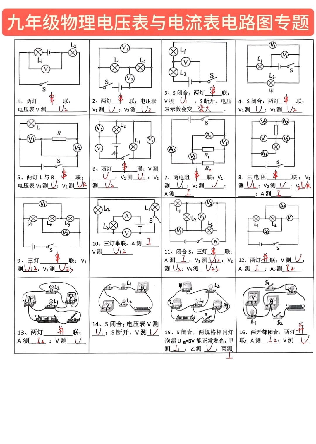 九年级物理电压表与电流表电路图专题