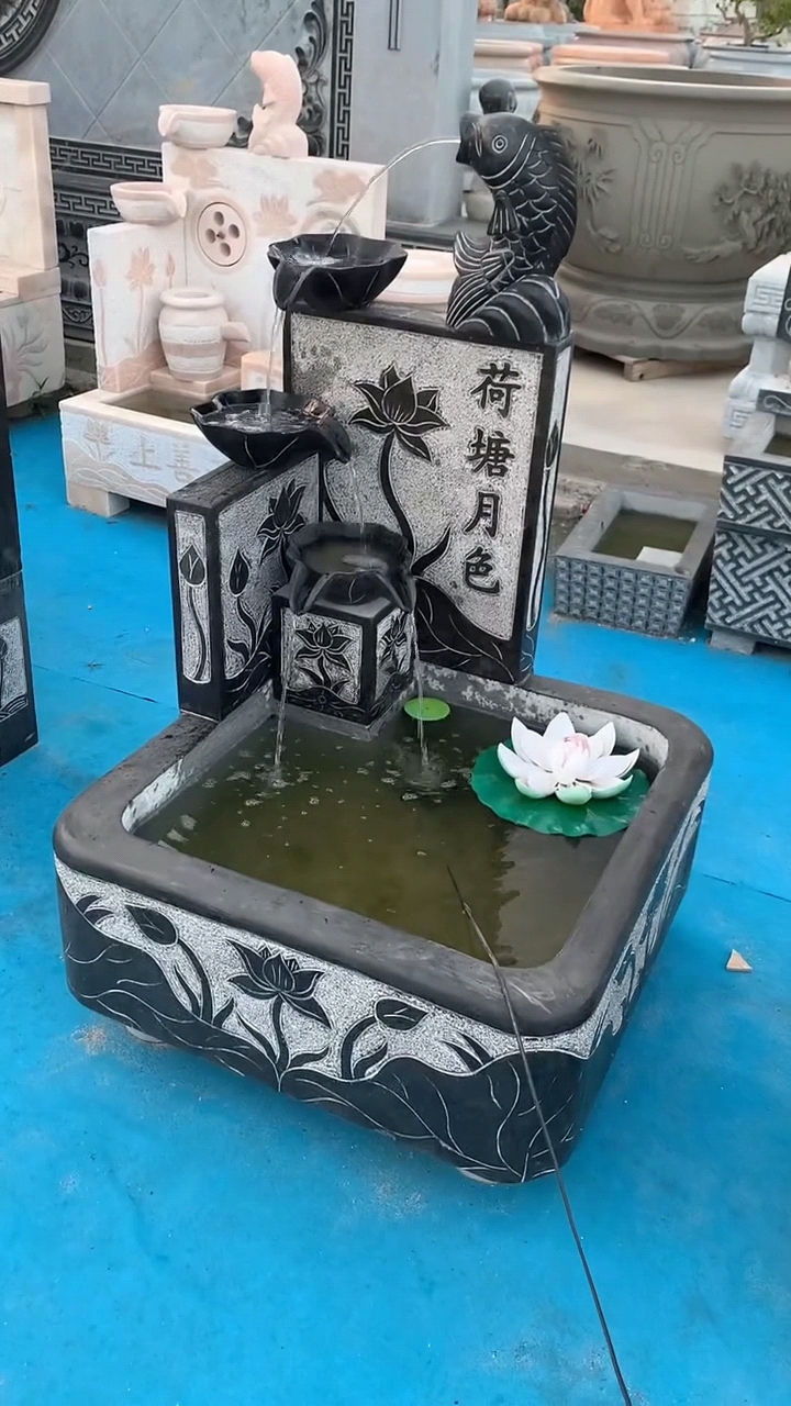 石雕流水荷塘月色摆件仿古石槽天然青石室内装水水槽组合水景装饰