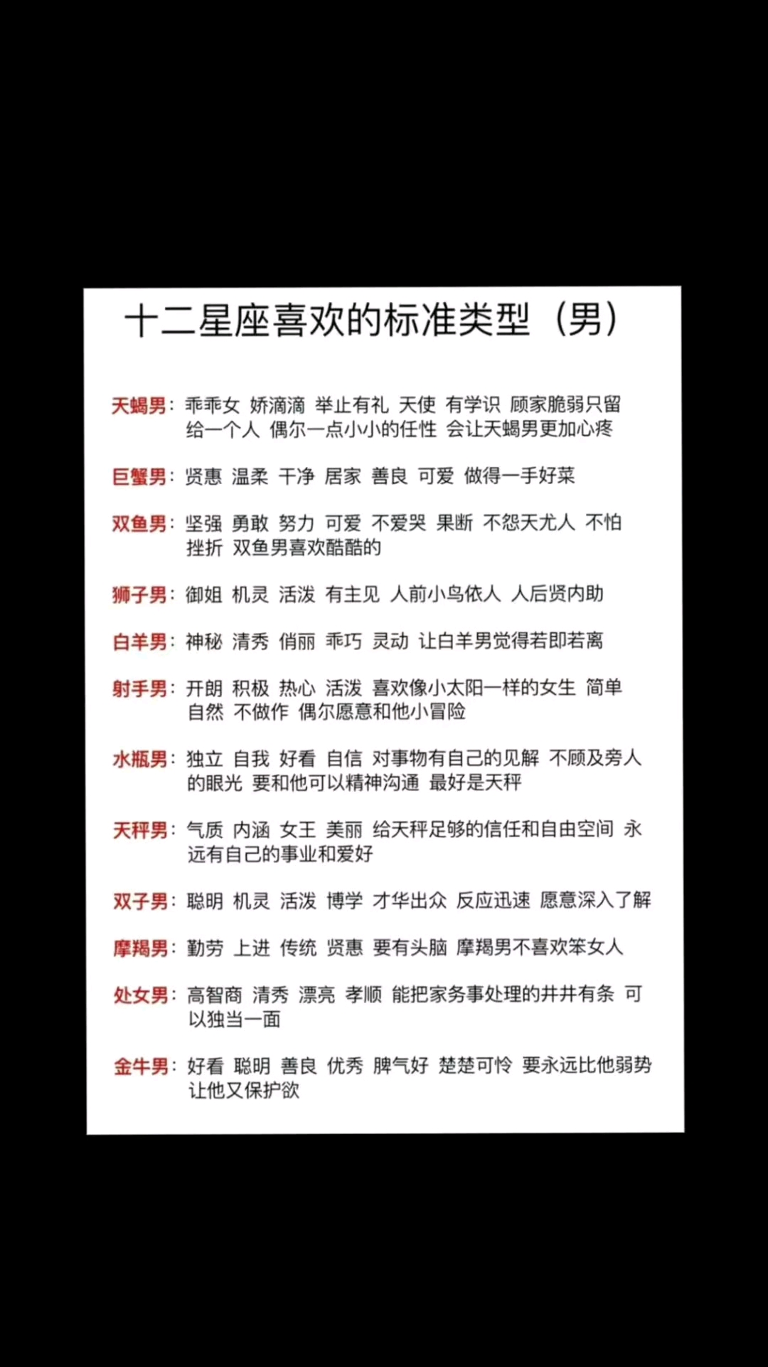 十二星座男生喜欢的标准类型
