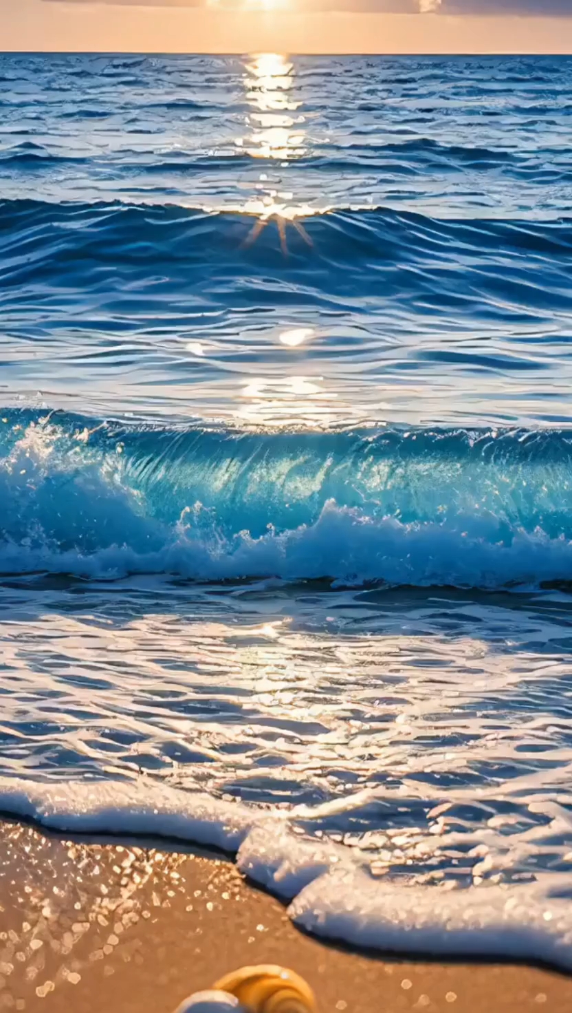 海浪轻吻着沙滩,金色阳光像融化的蜜糖般铺满每一粒沙,海风裹挟
