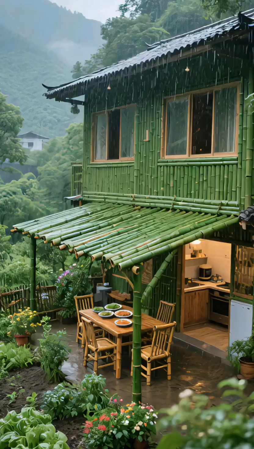 竹屋静立烟雨中,四周绿意葱茏,隔绝了尘嚣,自成一方清净