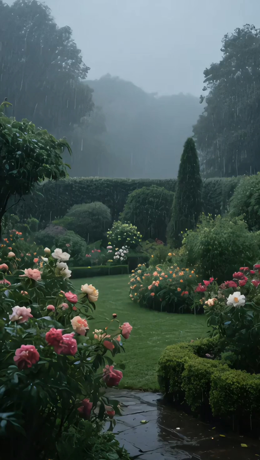 雨中花园独有的浪漫诗意瞬间