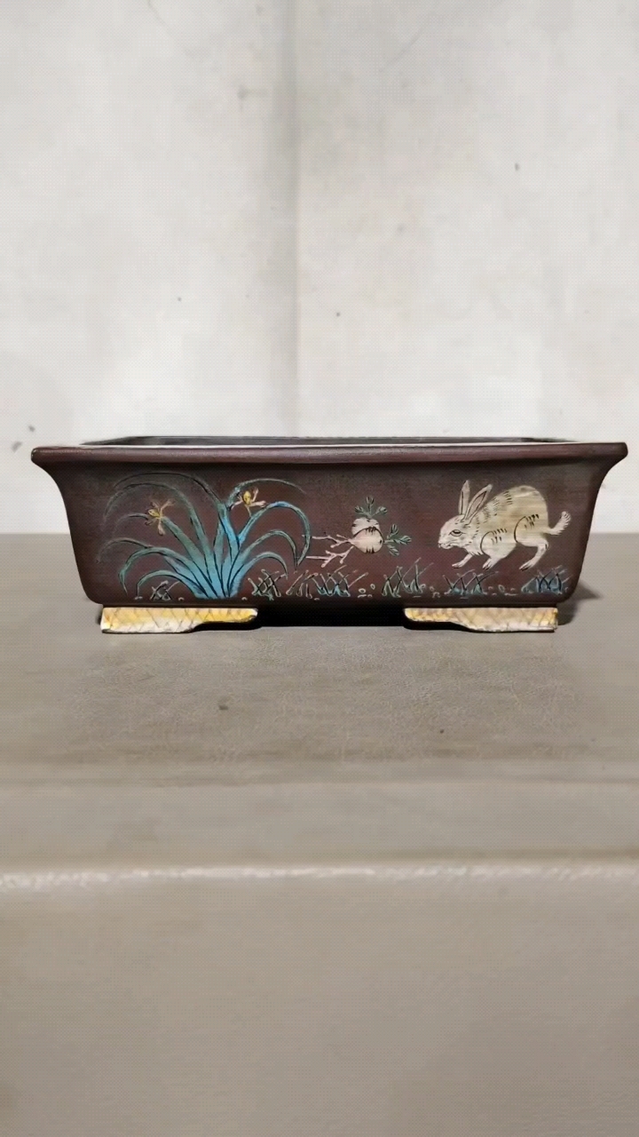 旧藏老紫砂加彩花盆  无磕无碰 长20.3厘米宽15.2厘米