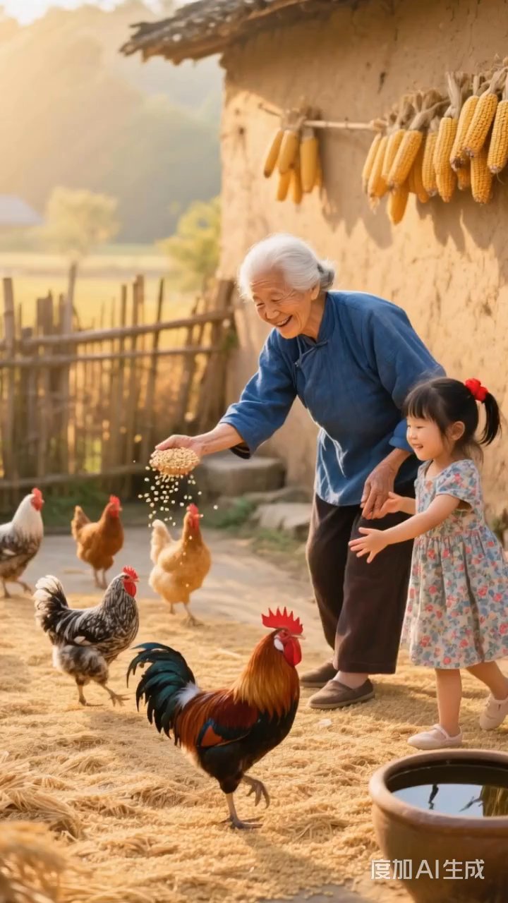 农村老人领孙女喂鸡