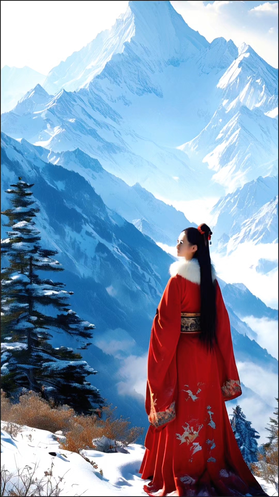 美女观赏雪山风景