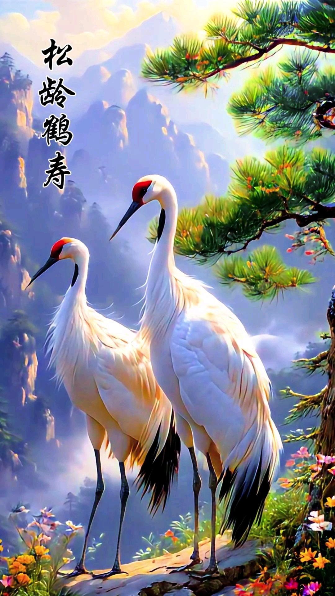 松龄鹤寿图:松龄长青岁无忧,仙鹤瑞寿舞云头.