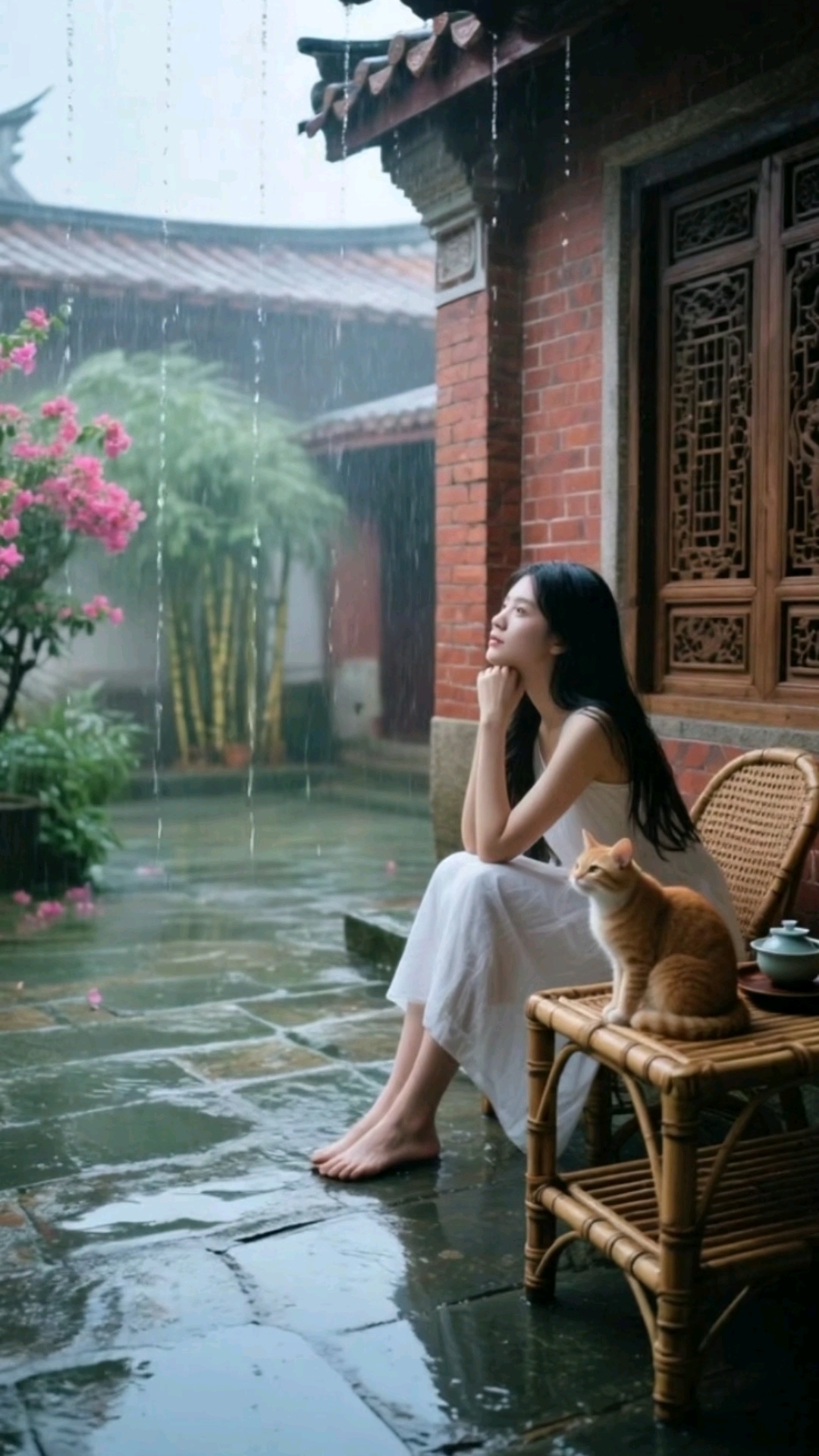 小院听雨:美人赏美景,赏心悦目!