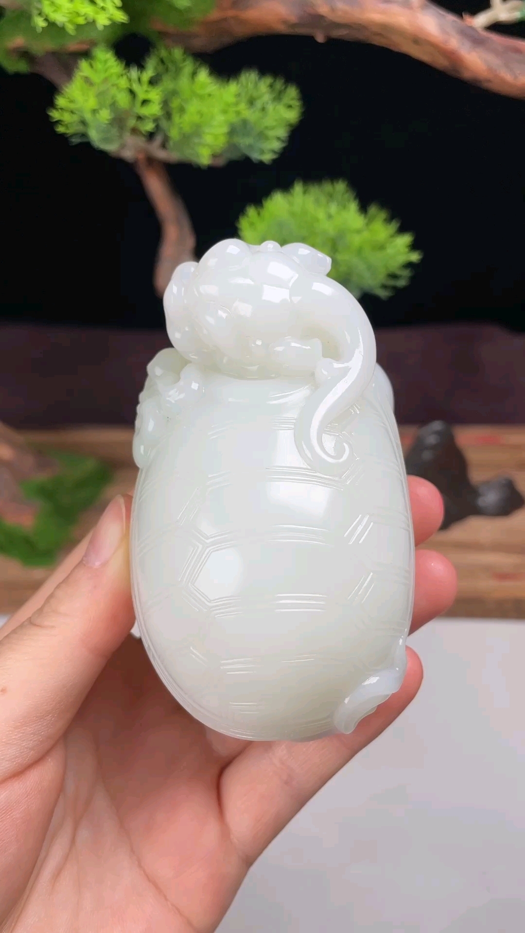 和田玉羊脂白玉龙龟把件,苏工手雕,温润细腻,白度一级