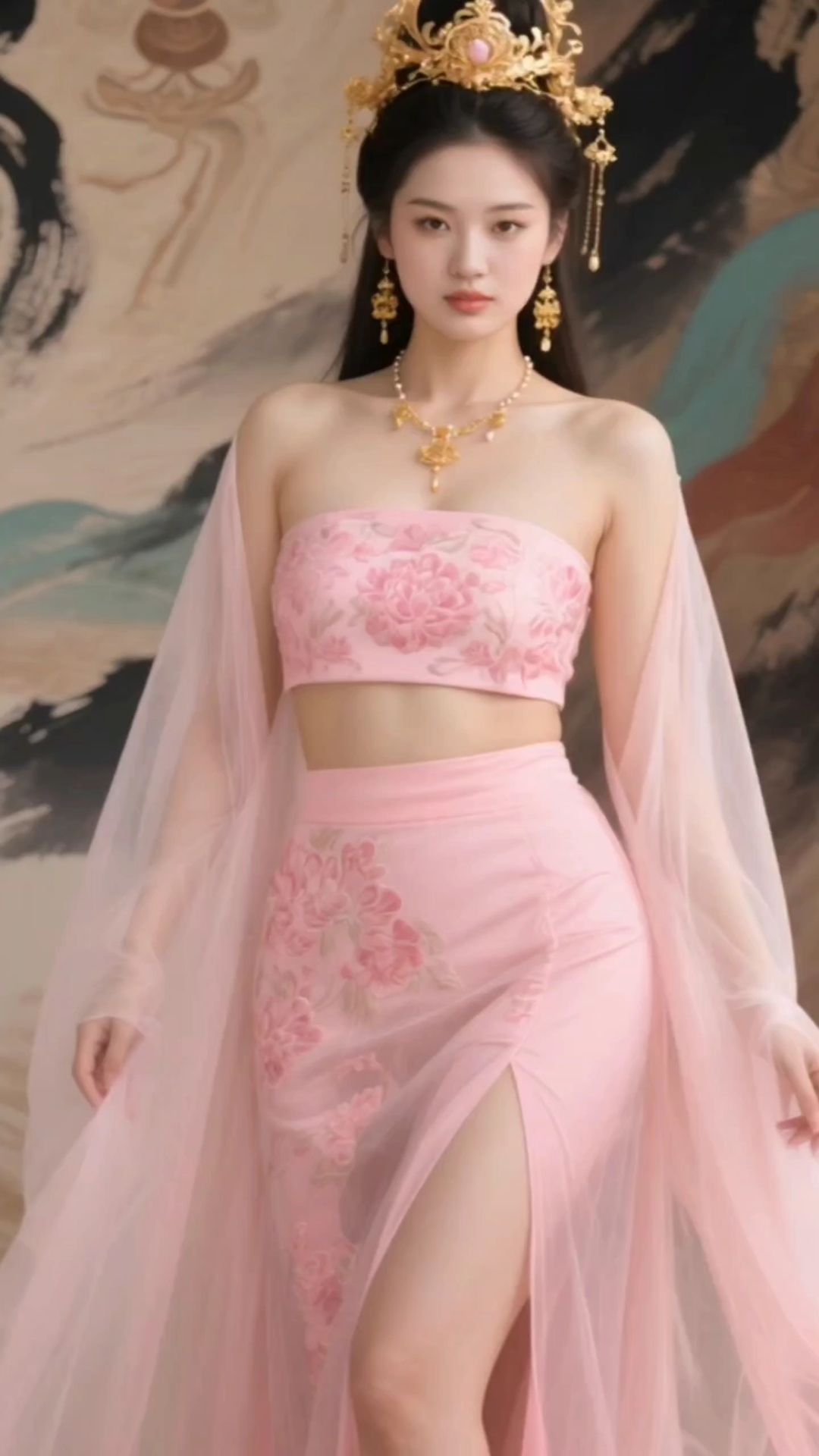 绝了!她一袭粉色抹胸汉服,尽显东方娇俏韵味