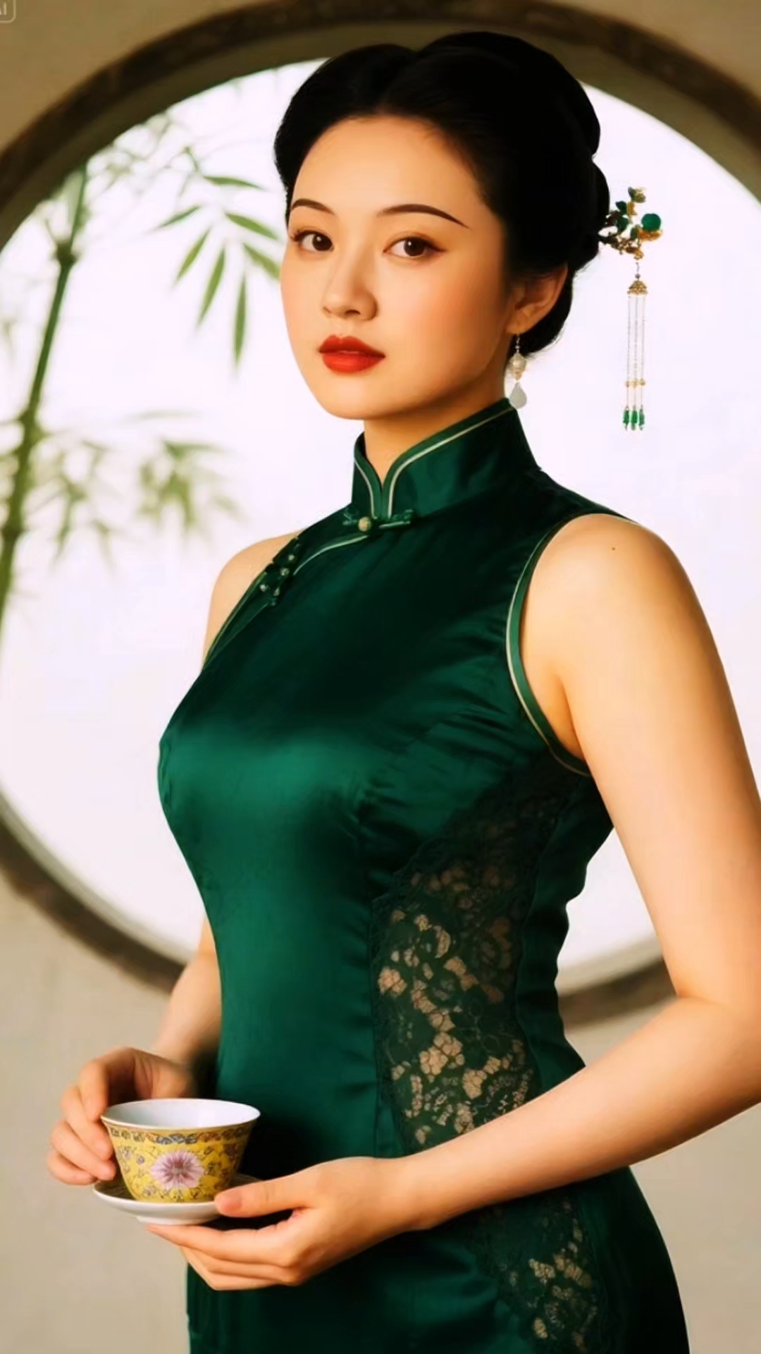 被狠狠拿捏!墨绿色旗袍配上精致发饰,尽显东方古典韵味