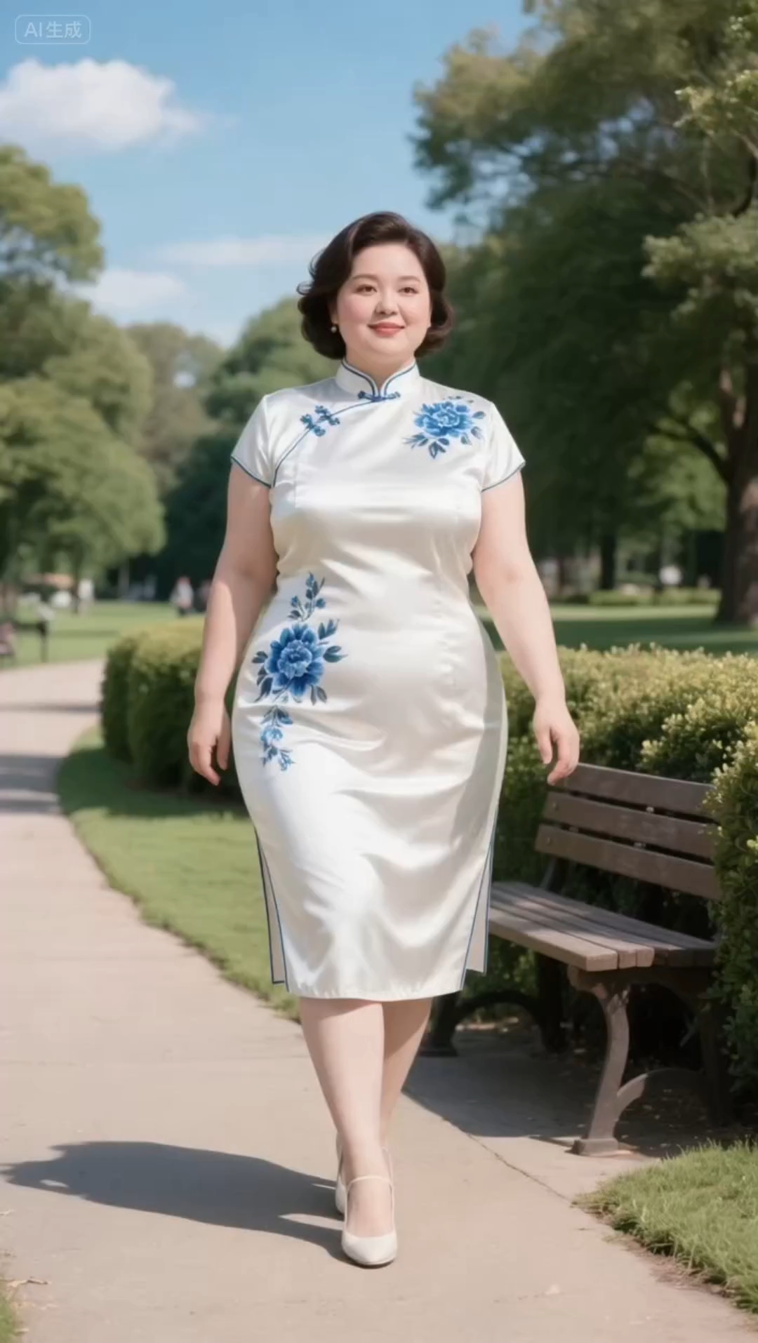旗袍胖美人,公园电音舞曲自然舞动