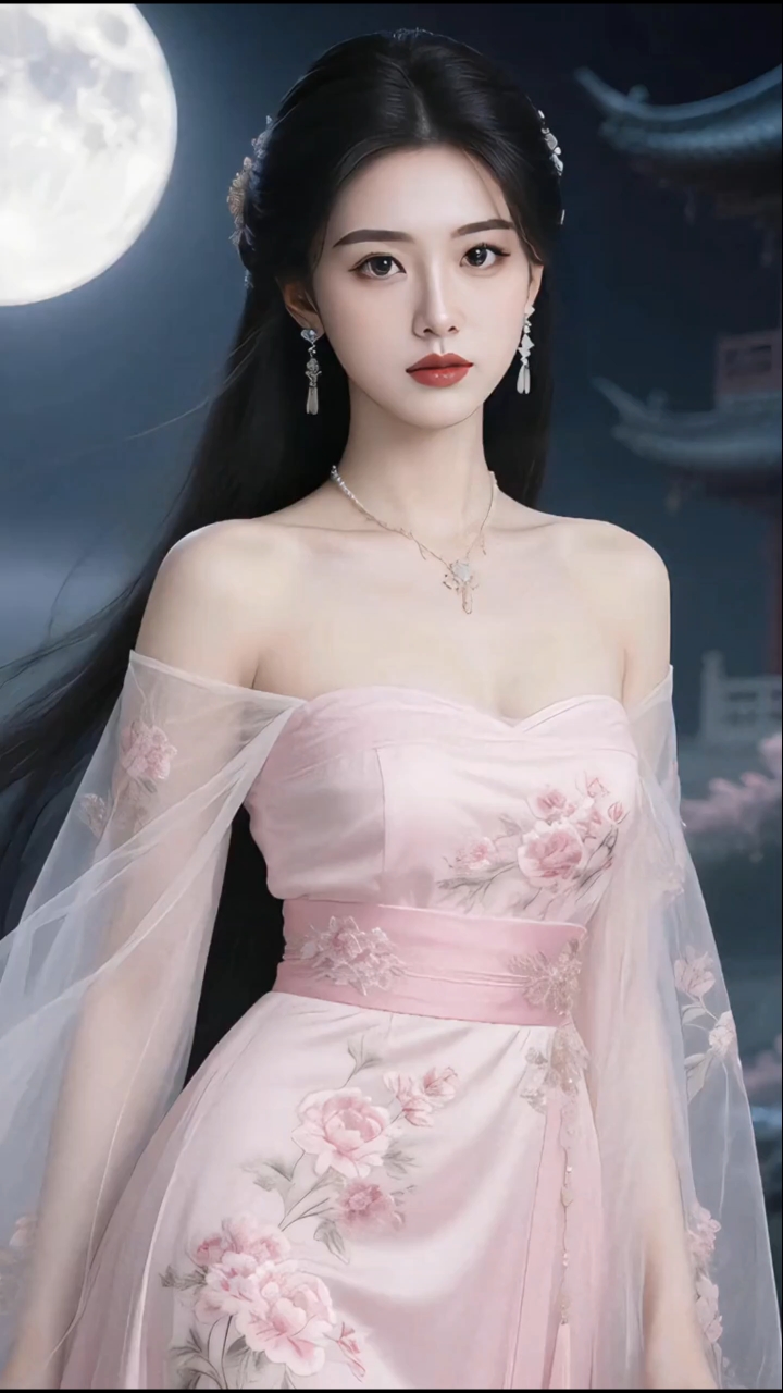 东方月夜绮梦!粉色露肩花卉华服,这是从古典月色中走出的仙子