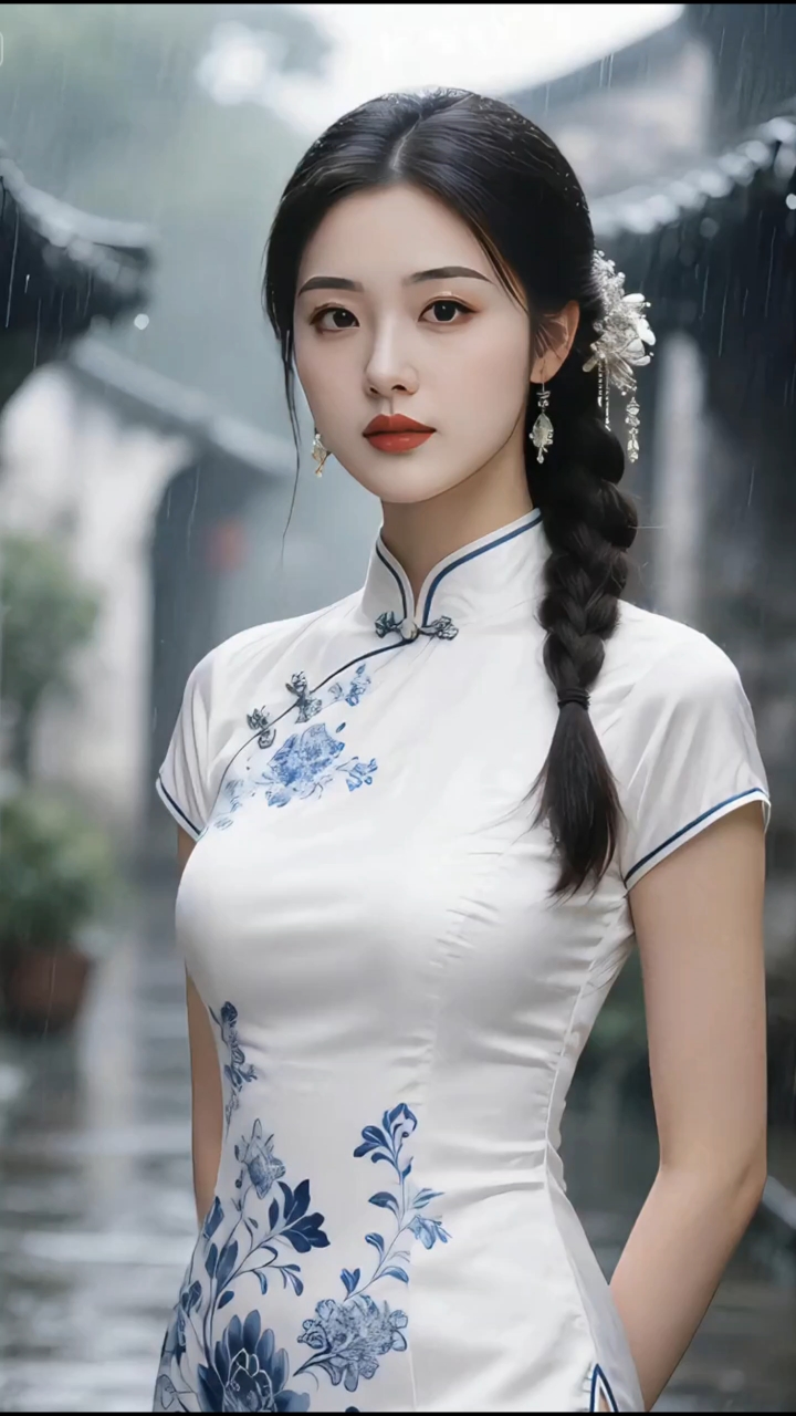 蓝白青花旗袍搭配精致发饰,雨巷间尽显清新古典