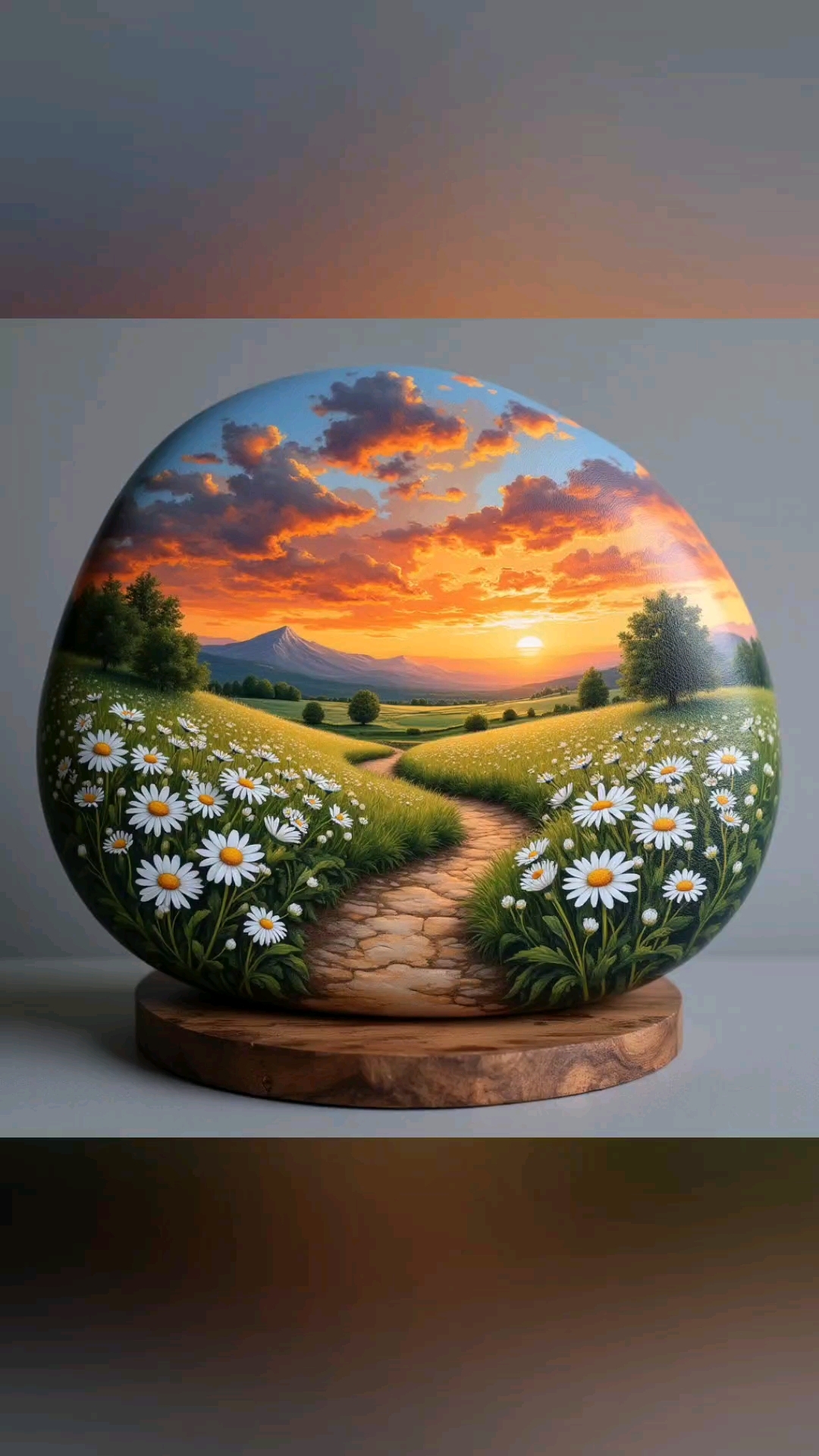 梦幻石头画:夕阳下雏菊小径的诗意风光