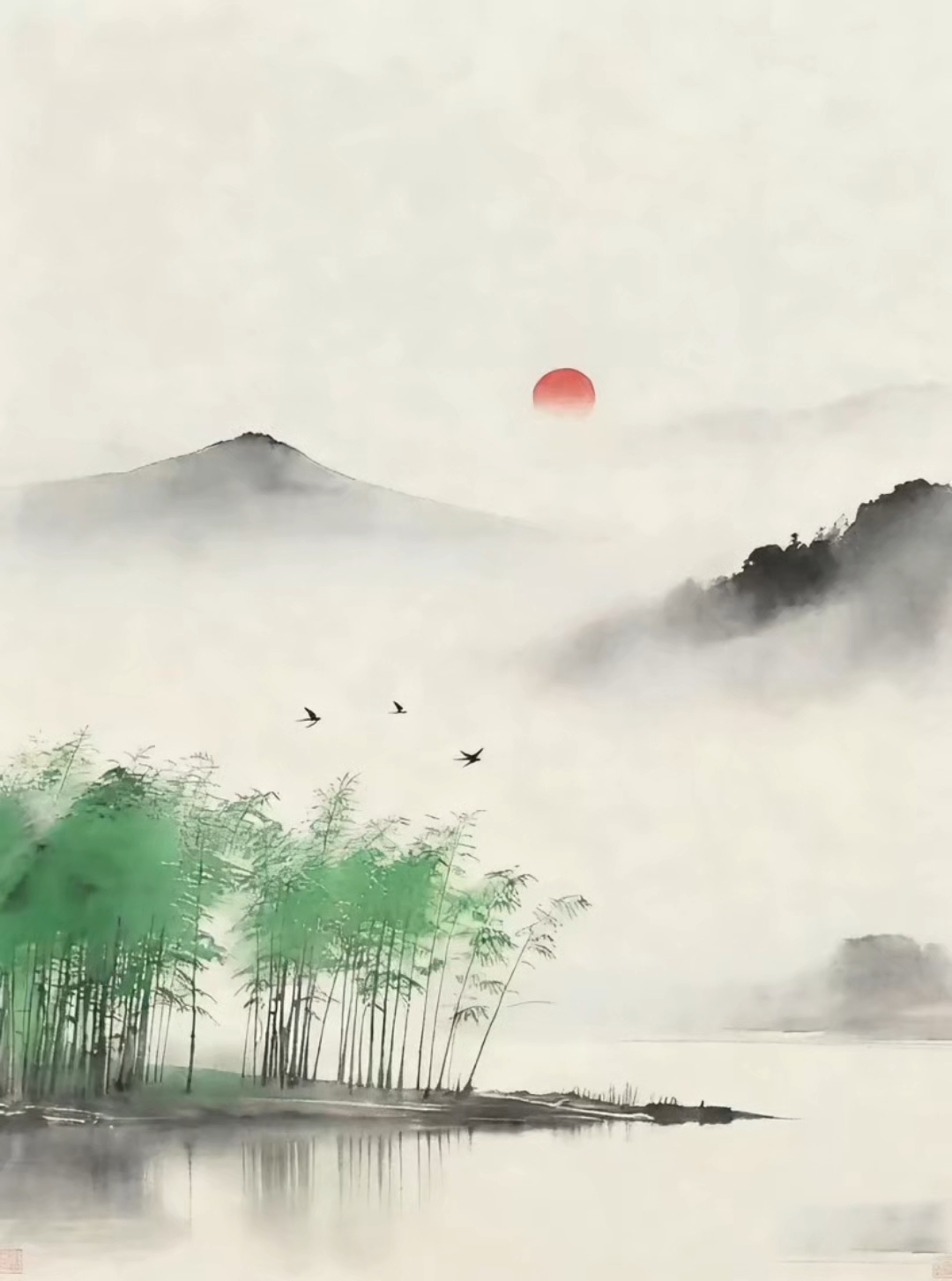 静谧湖畔,日暮山影,飞鸟悠然,水墨画