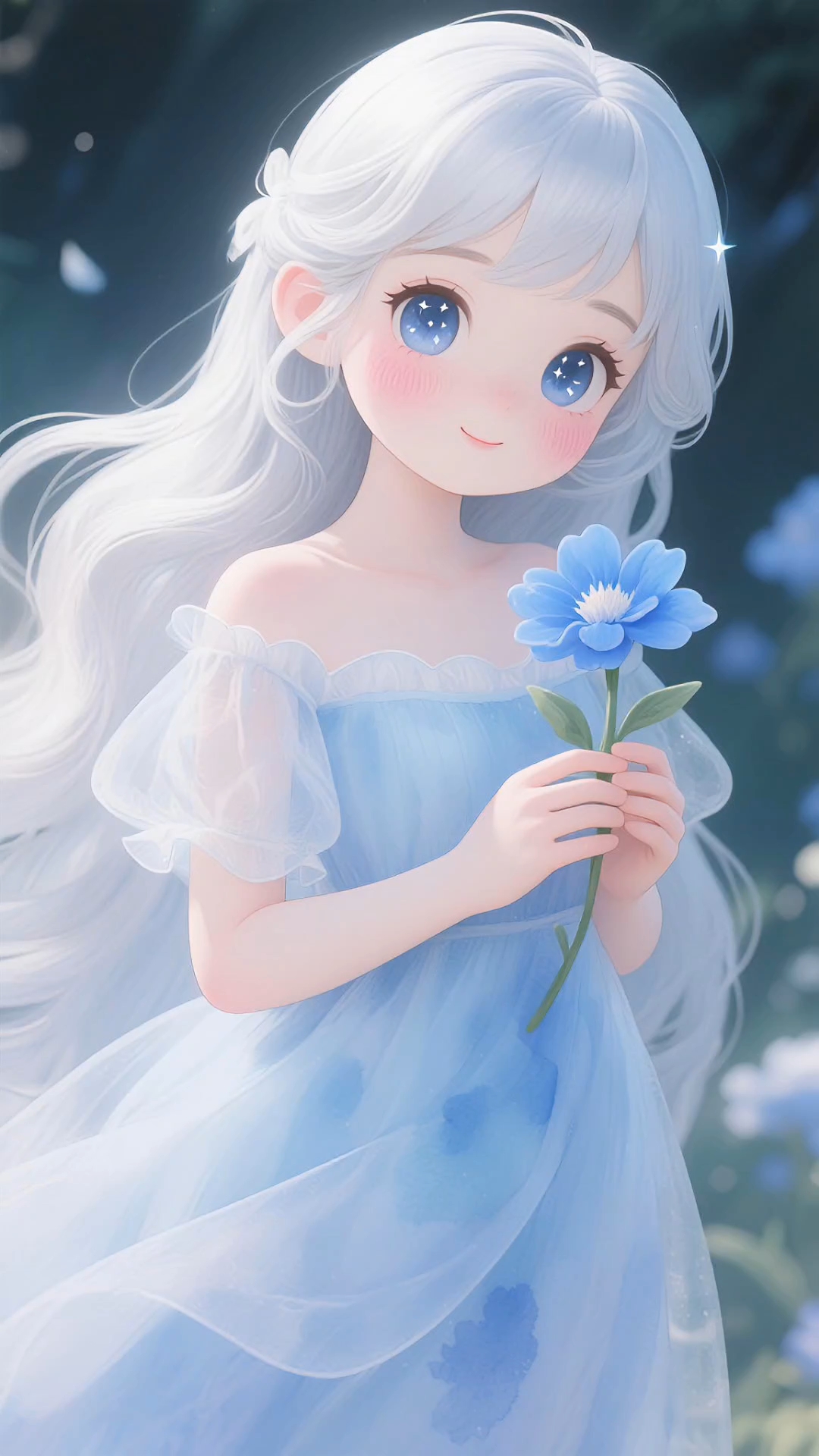 梦幻仙女手捧蓝色花朵,唯美童话般的世界