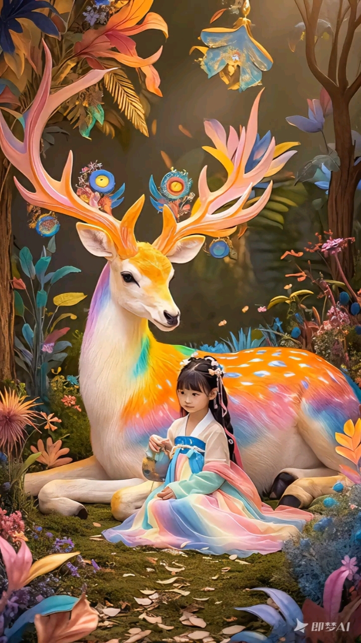 小女孩和七色鹿在玩耍