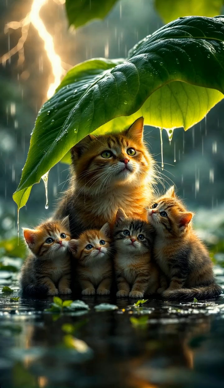 大猫用树叶儿给小猫遮风挡雨