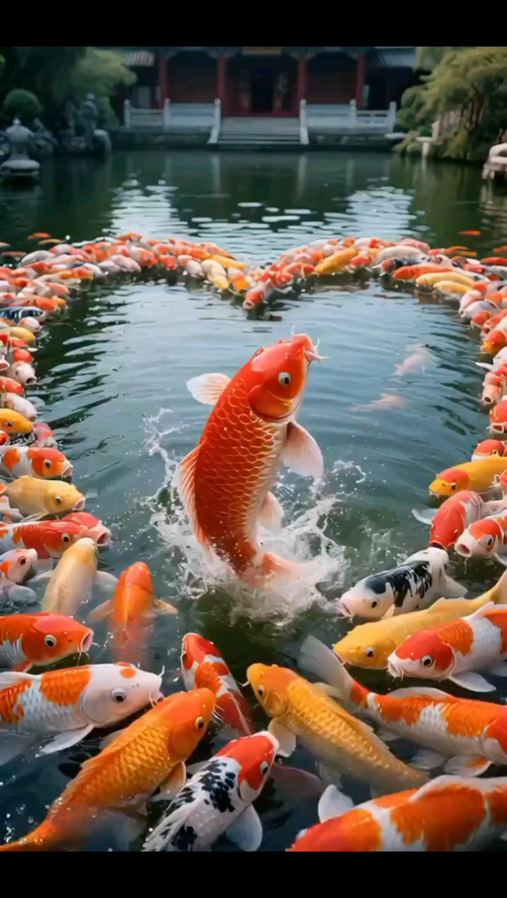 澄澈池水里,一群金鱼欢快摆尾游弋,灵动身姿捎来满池祥瑞与吉兆