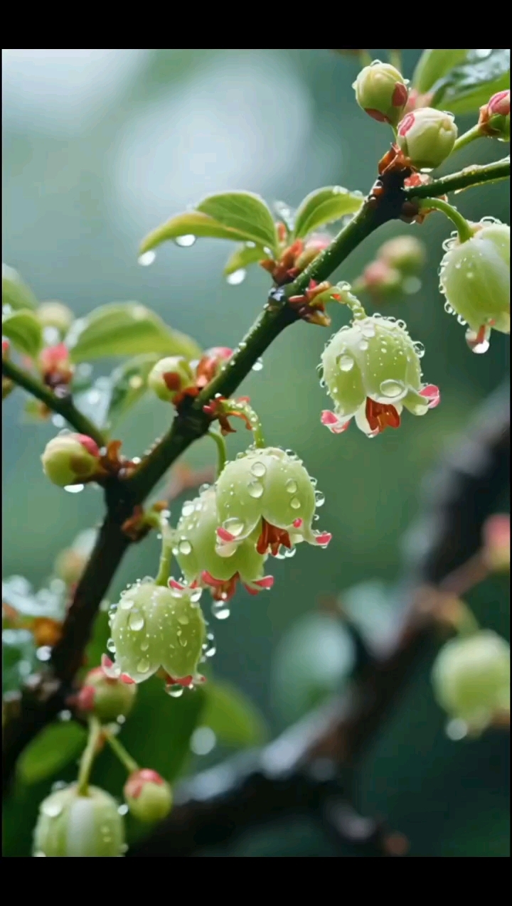 细雨中洁白的花朵清雅绽放,红绿相间的花儿娇艳夺目共谱雨中绮丽