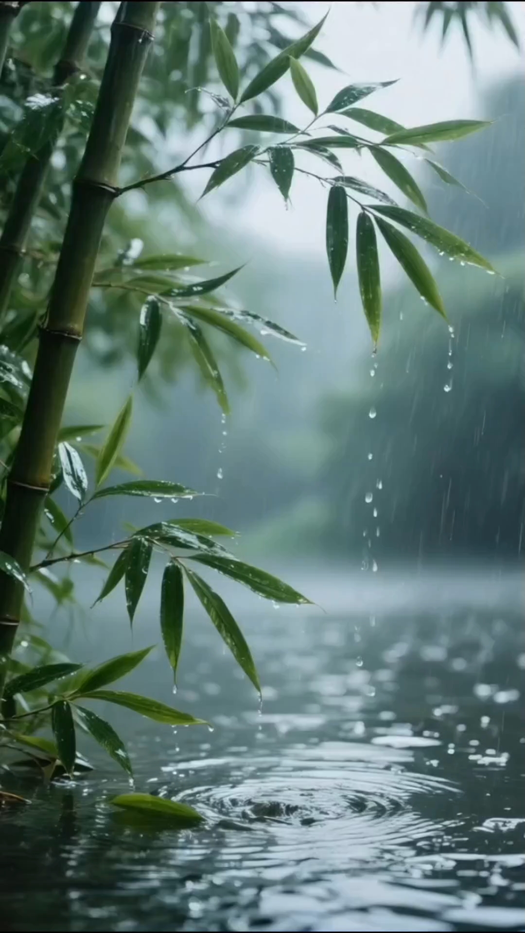 在雨中静静地听雨,欣赏雨打竹叶的美景,治愈满满!