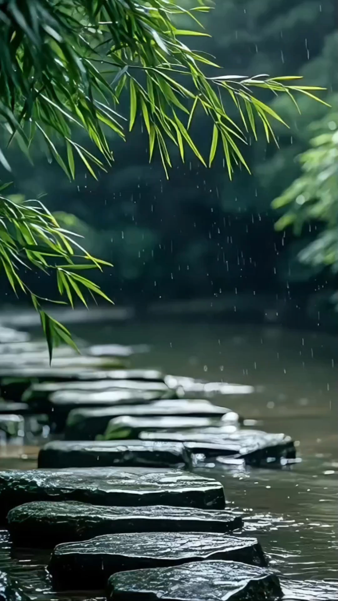 心累了,就与我一起来这里听雨落的声音,欣赏雨中竹林美景吧!
