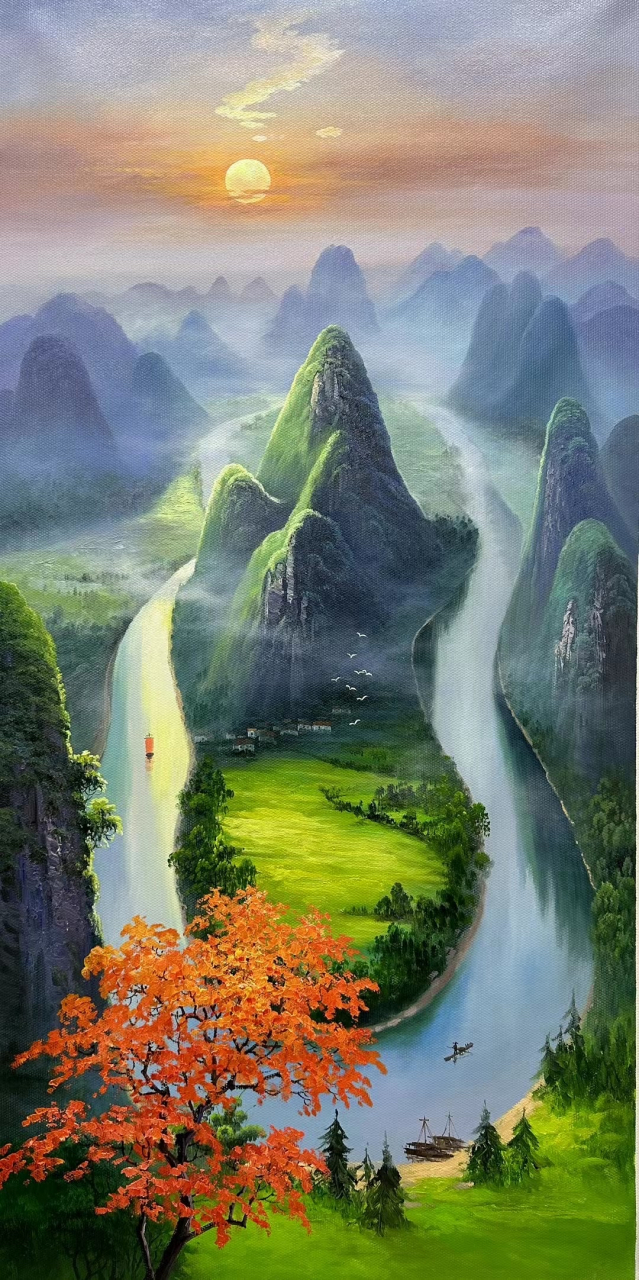 画家龙蟠是中国当代山水油画大师之一,他的桂林山水油画作品展现了