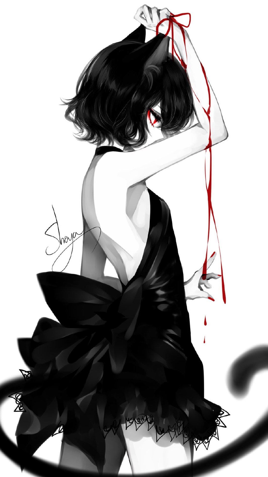 暗黑系列少女插画,黑白色调沉闷压抑,红色的点缀更添诡异