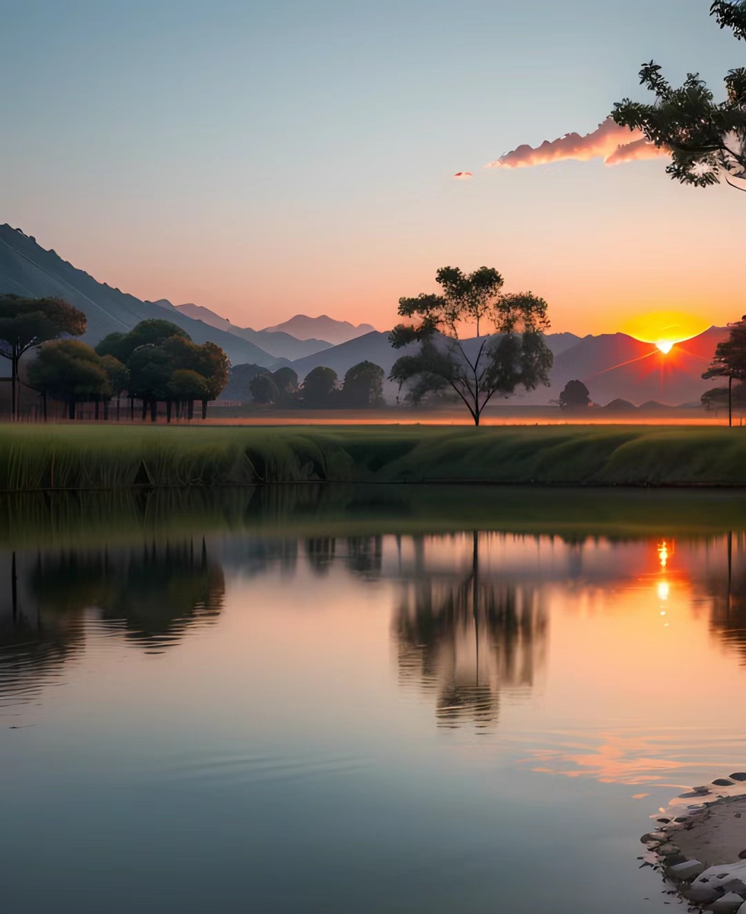 夕阳西下,天水一色,我站在湖边,凝望远方的山峦美丽的风景