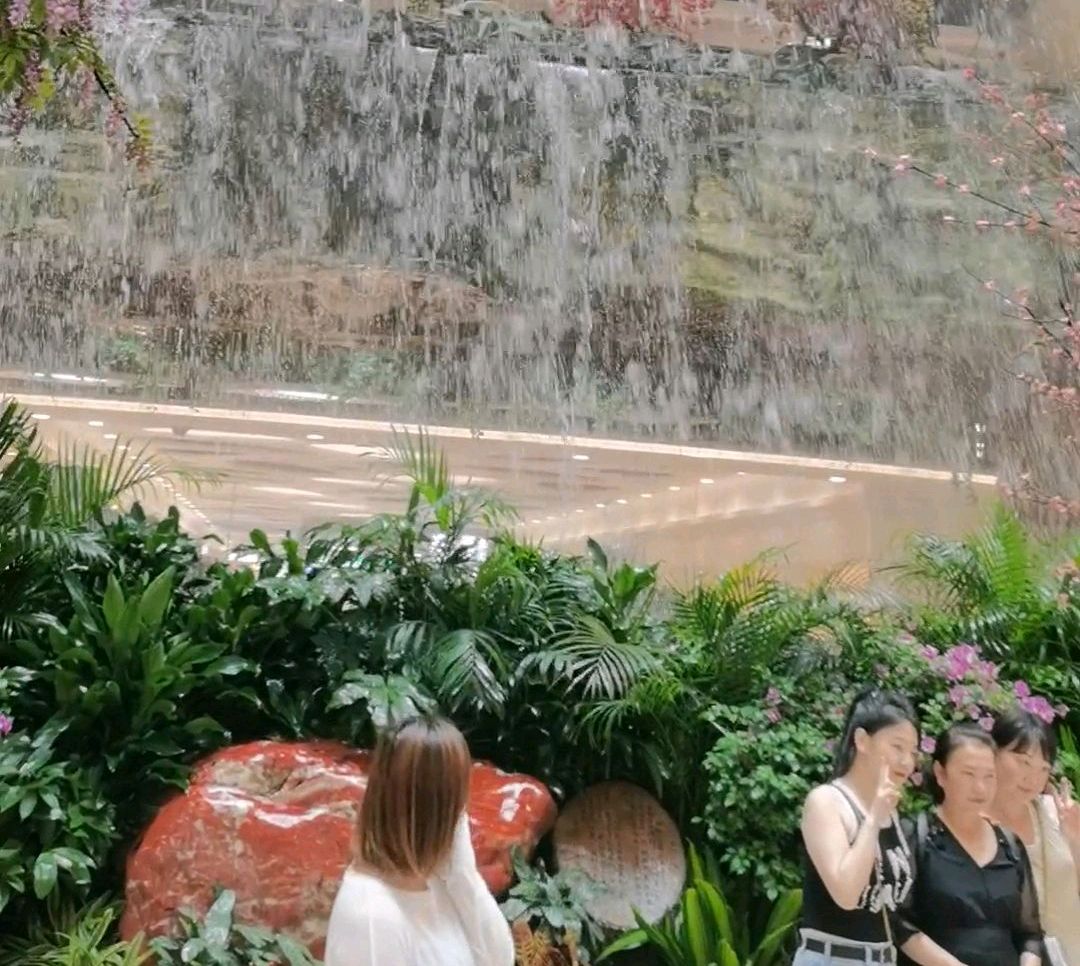 西安赛格室内瀑布,最顶端荷塘里有鸭子游动,参观的人真多