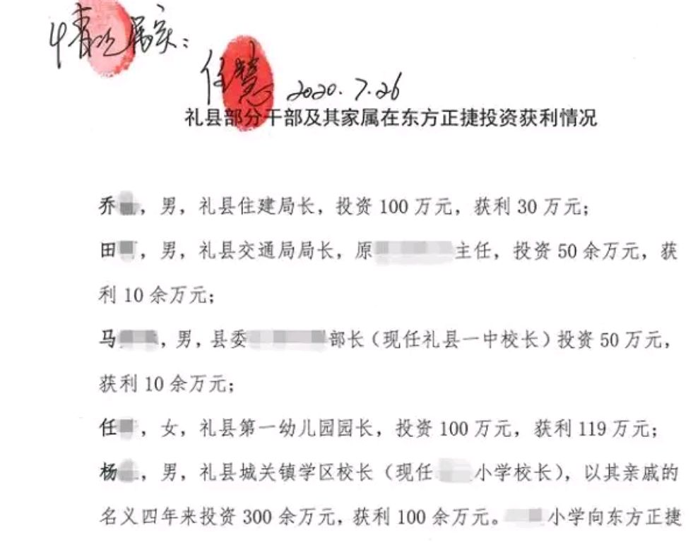 甘肃陇南巿礼县"东方正捷"老板任慧举报官员投资牟取暴利应记功