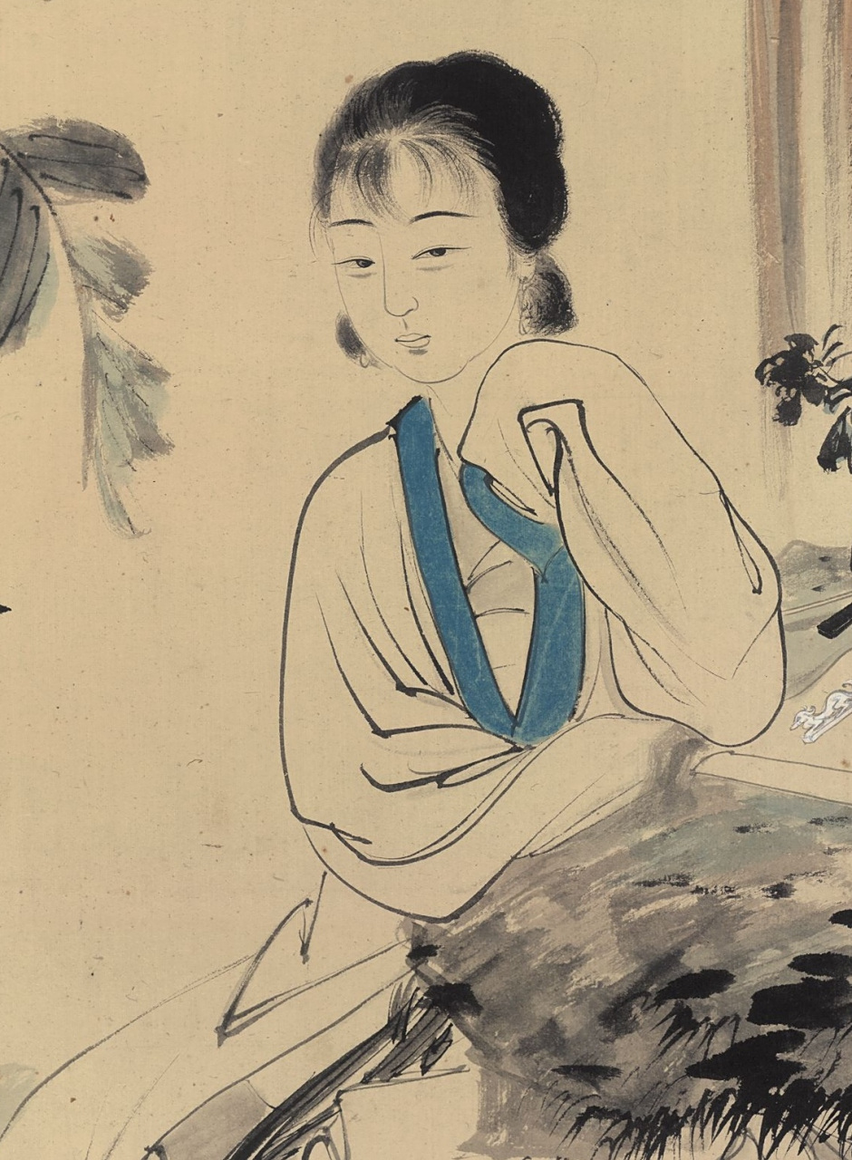 近现代     张大千《芭蕉仕女图》高清 纸本,设色,尺寸收藏不详.