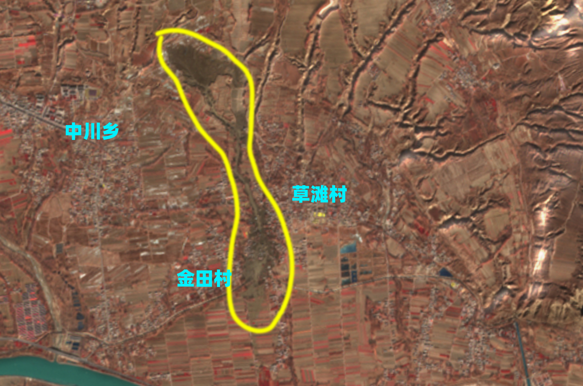 甘肃地震12月20日最新卫星图像,显示青海省海东市民和县中川乡的金田