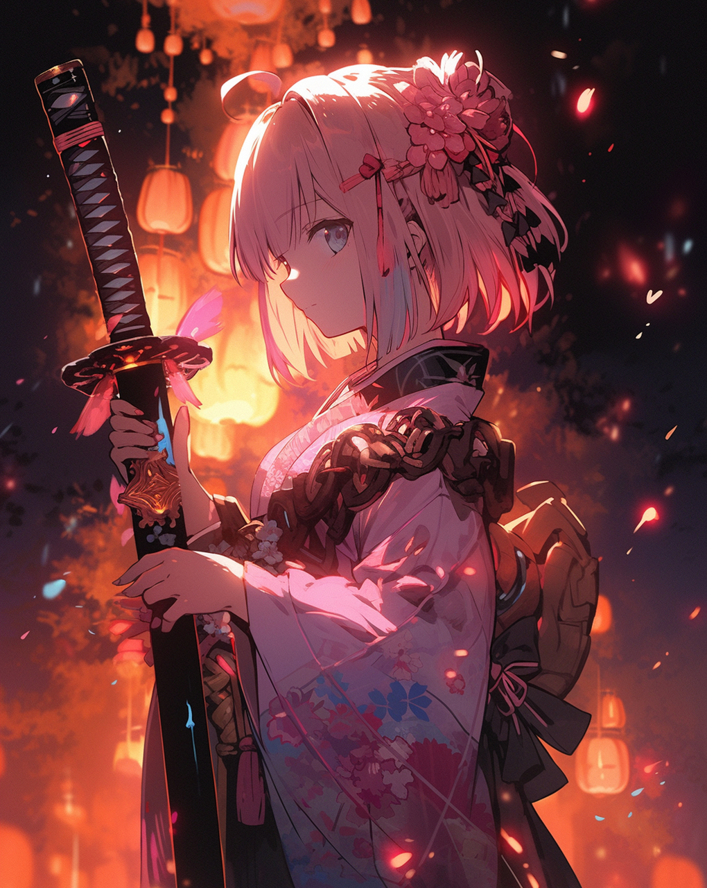 二次元# 灯火之下,紧握利刃的冷艳少女