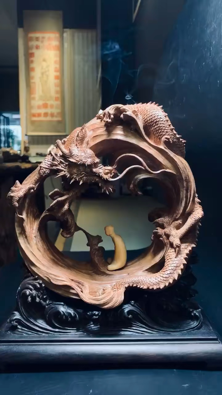 老山檀香倒流香云龙朝圣禅意木雕摆件