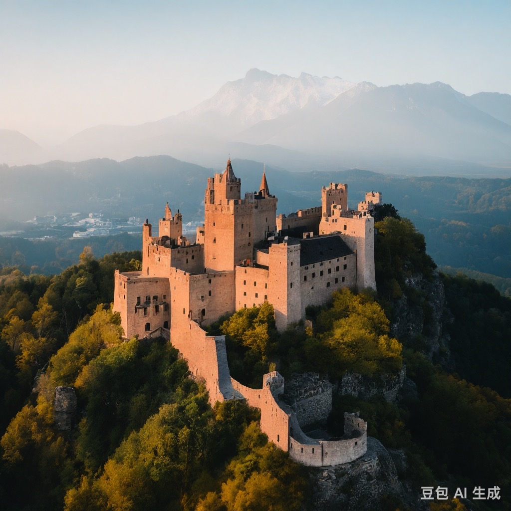 一座古老的城堡,位于山顶之上,俯瞰着美丽的风景