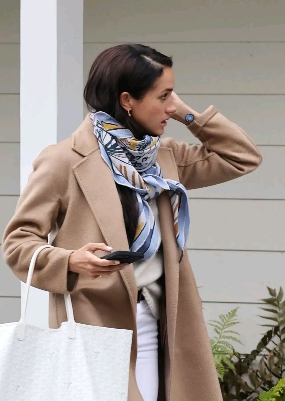 梅根·马克尔被拍到穿着驼色大衣和羊绒披肩出门, 高温她穿这一身又闹