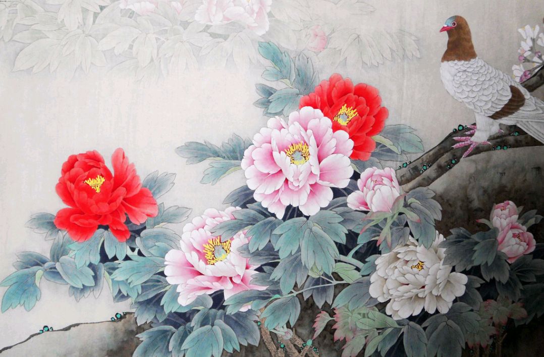 随意分享几幅漂亮的牡丹花国画作品,加上鸽子真是寓意好